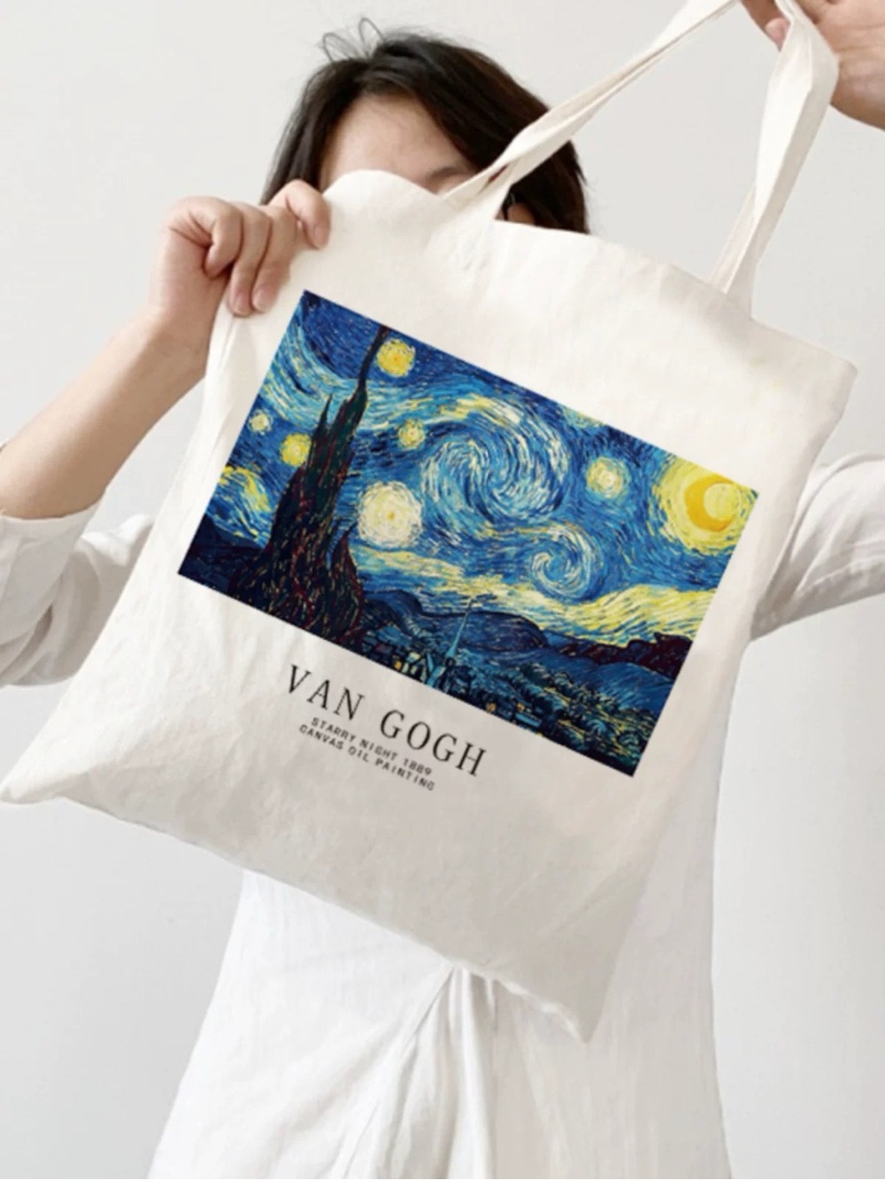 Starry Night Art Print Cotton Tote Bag - Cream